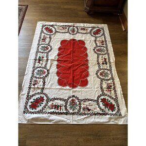 Vintage Christmas Tablecloth Red Green MCM Santa Sleigh 66 X 50